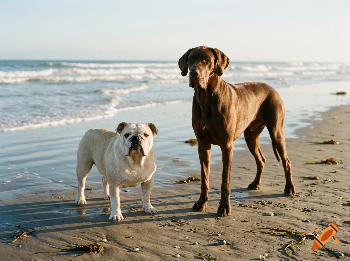 Photorealistic image of an English Bulldog and a brown Great Dane standing together on a sandy beach near the ocean.