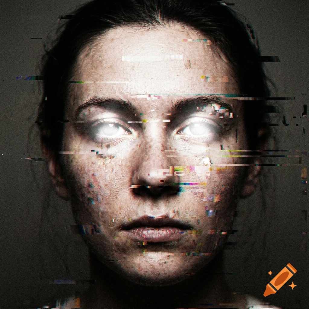 Close-up portrait of a person's face with glowing white eyes and heavy digital glitch and pixel sorting artifacts.