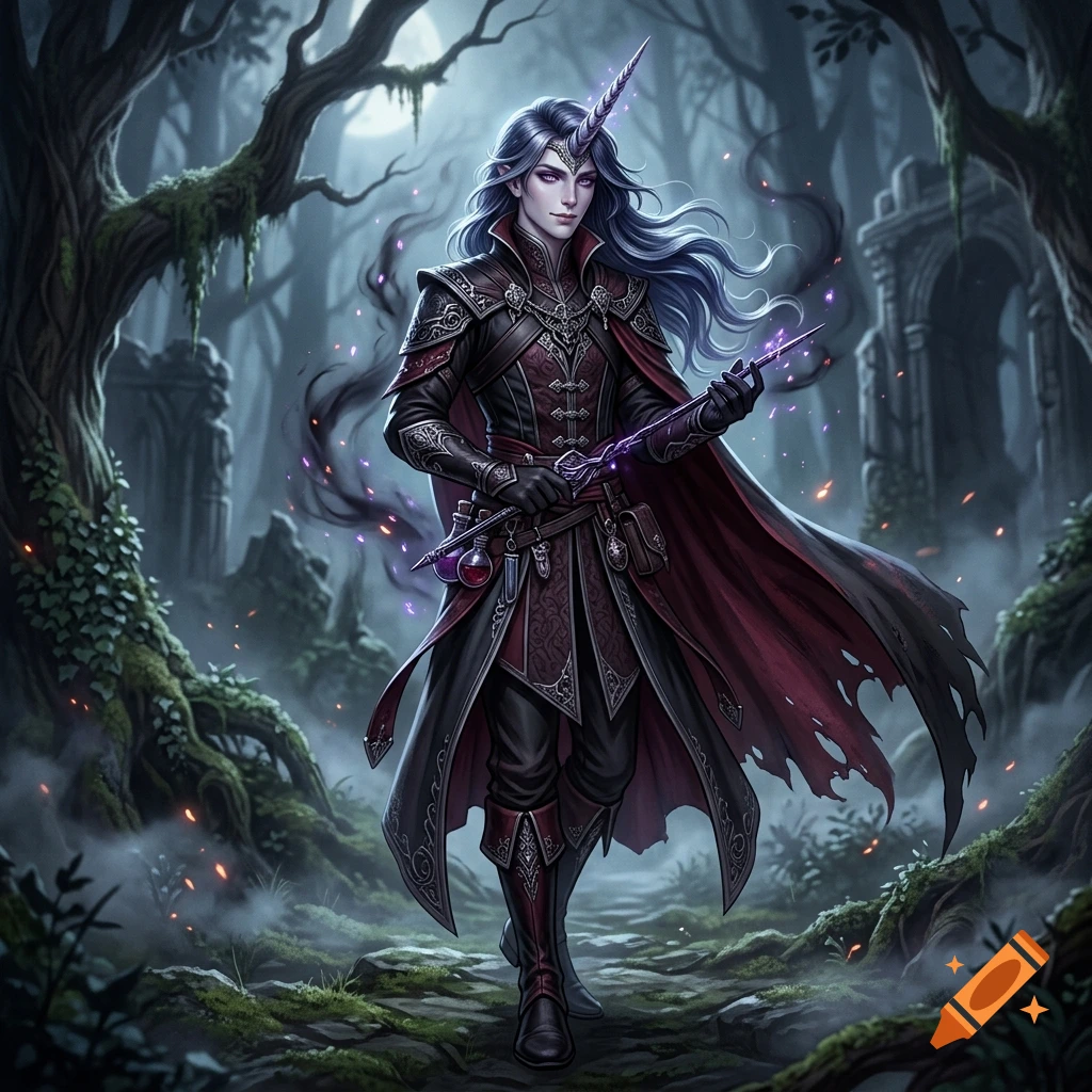 Digital illustration of a fantasy male character with a unicorn horn, dark armor, and a red-lined cape in a misty forest.