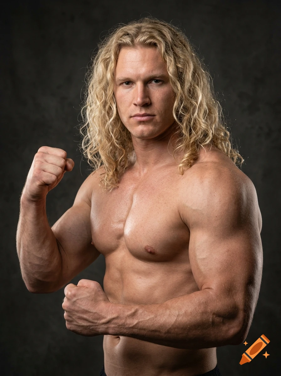 Photorealistic waist-up portrait of a massively muscled man with long curly blonde hair and no shirt, raising his fists in a fighting stance.