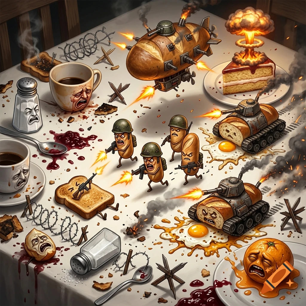 Isometric digital painting of an epic battle on a breakfast table with baguette soldiers, tanks, and an exploding cake.