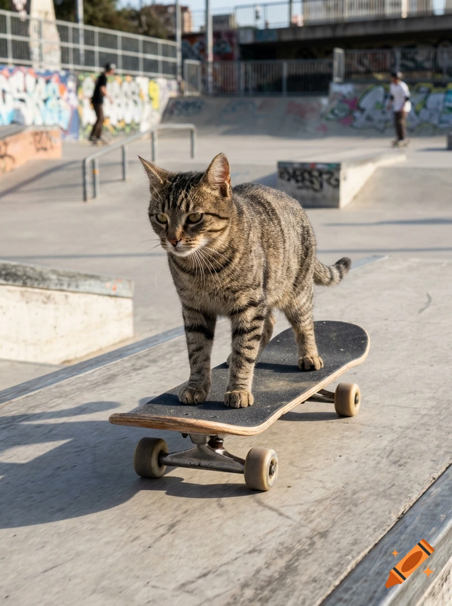 Photorealistic image of a tabby cat standing on a skateboard at a skatepark.