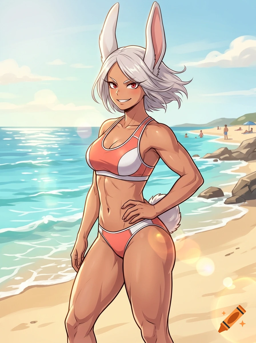Anime style illustration of Rumi Usagiyama in a bikini standing on a sunny beach.