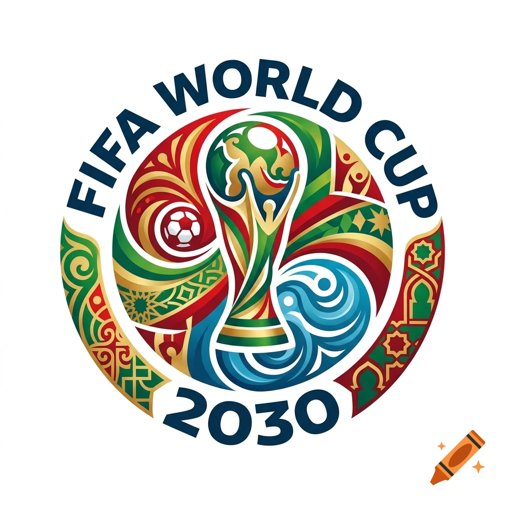Logo for FIFA World Cup 2030 featuring a stylized globe, trophy, and traditional patterns in a circular badge design.