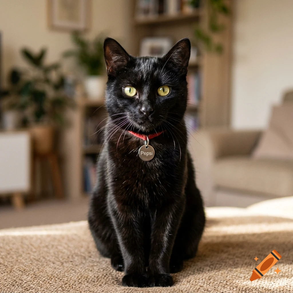 A black cat wearing a red collar with a tag sits indoors and looks directly at the camera.