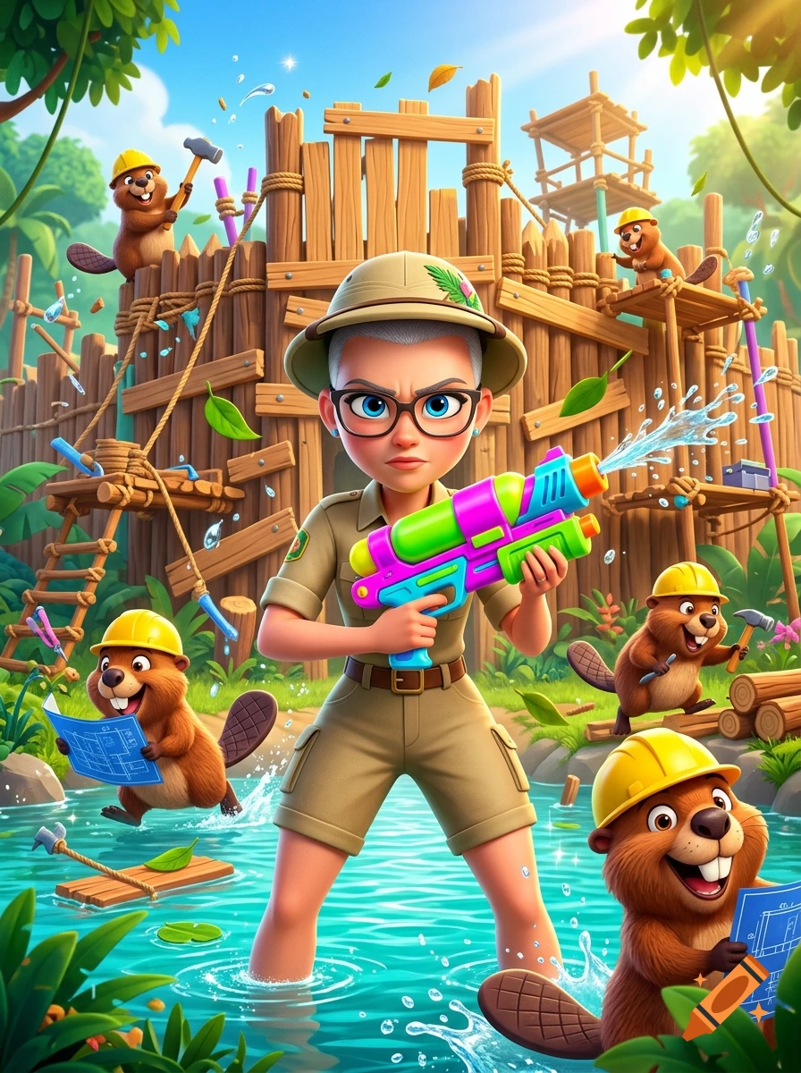 An adventurous character in safari attire holding a colorful water gun stands in water, surrounded by cartoon beavers wearing hard hats and building a wooden fort in a jungle.