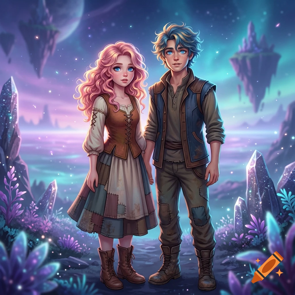 A young fantasy couple holding hands in an alien landscape with floating islands and glowing crystals.