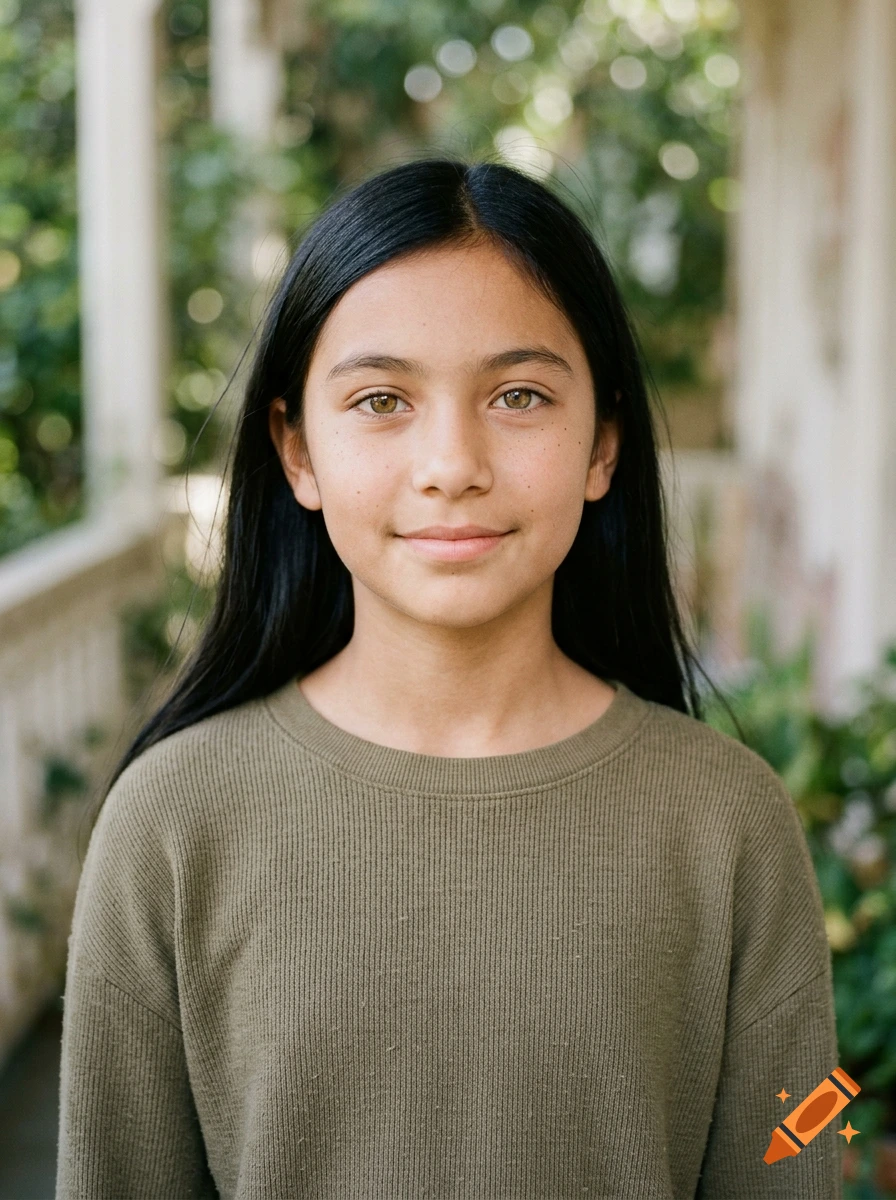 Portrait of a 12-year-old girl with olive skin, hazel eyes, and long black hair, wearing an olive green sweater.