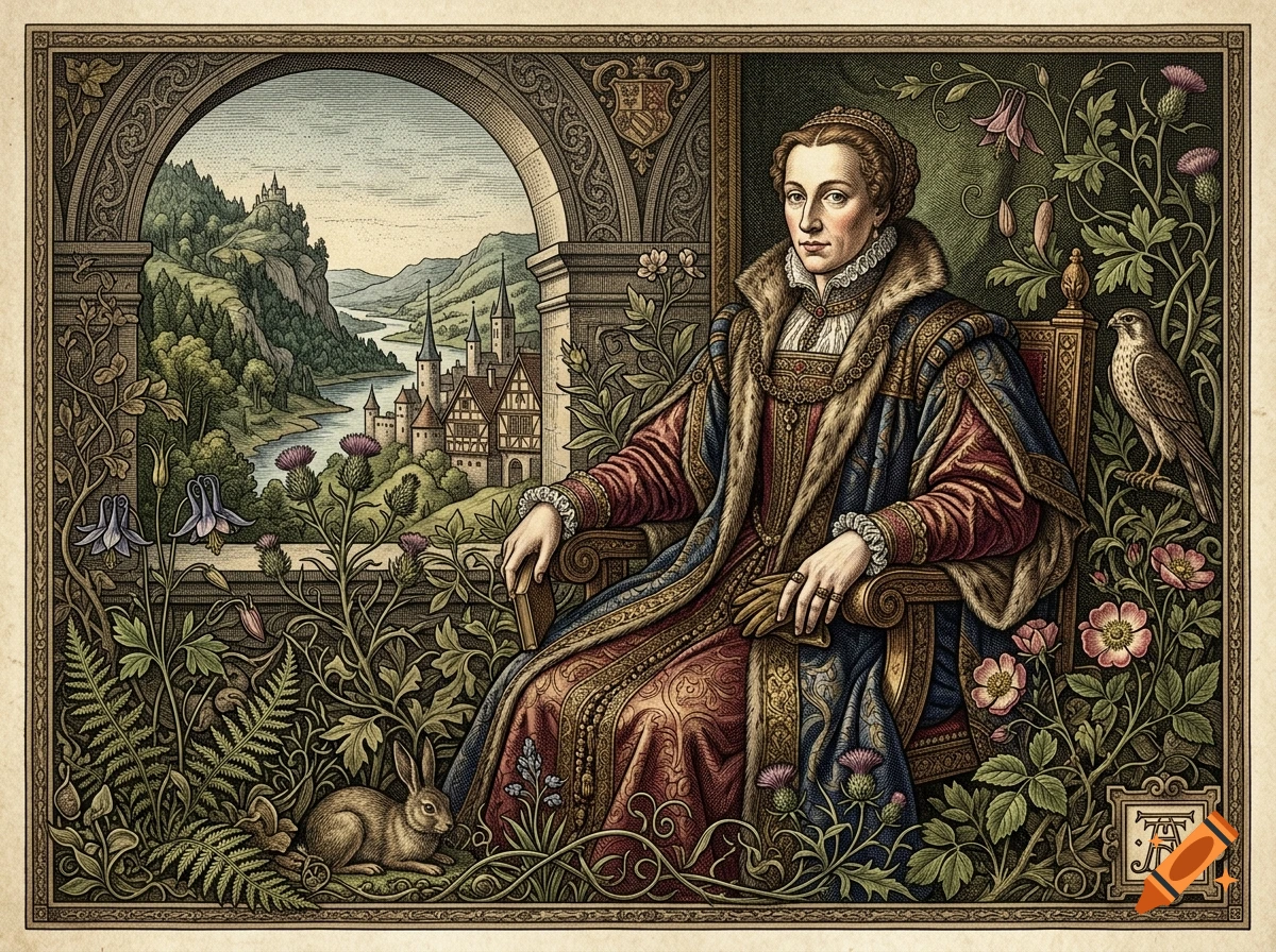 Detailed Renaissance-style portrait of a noblewoman holding a small book, framed by an archway, landscape, and botanical illustrations.