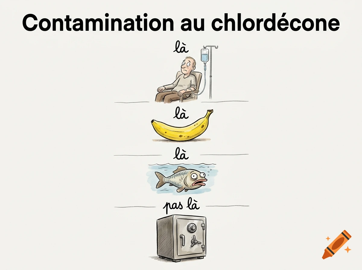 An illustrated cartoon infographic with French text about chlordecone contamination showing a person receiving medical treatment, a banana, a fish, and a safe.