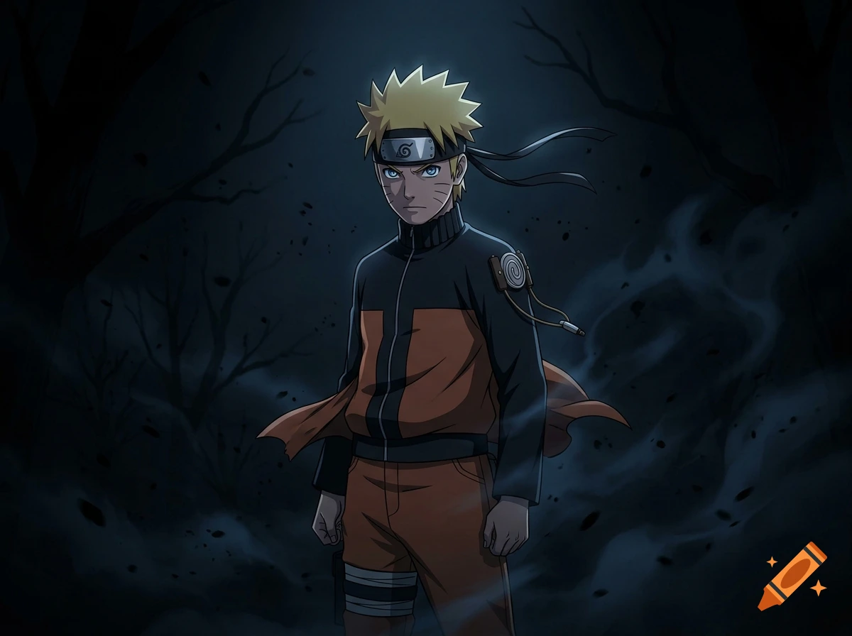 Naruto standing in a dark, foggy forest at night, anime style illustration.