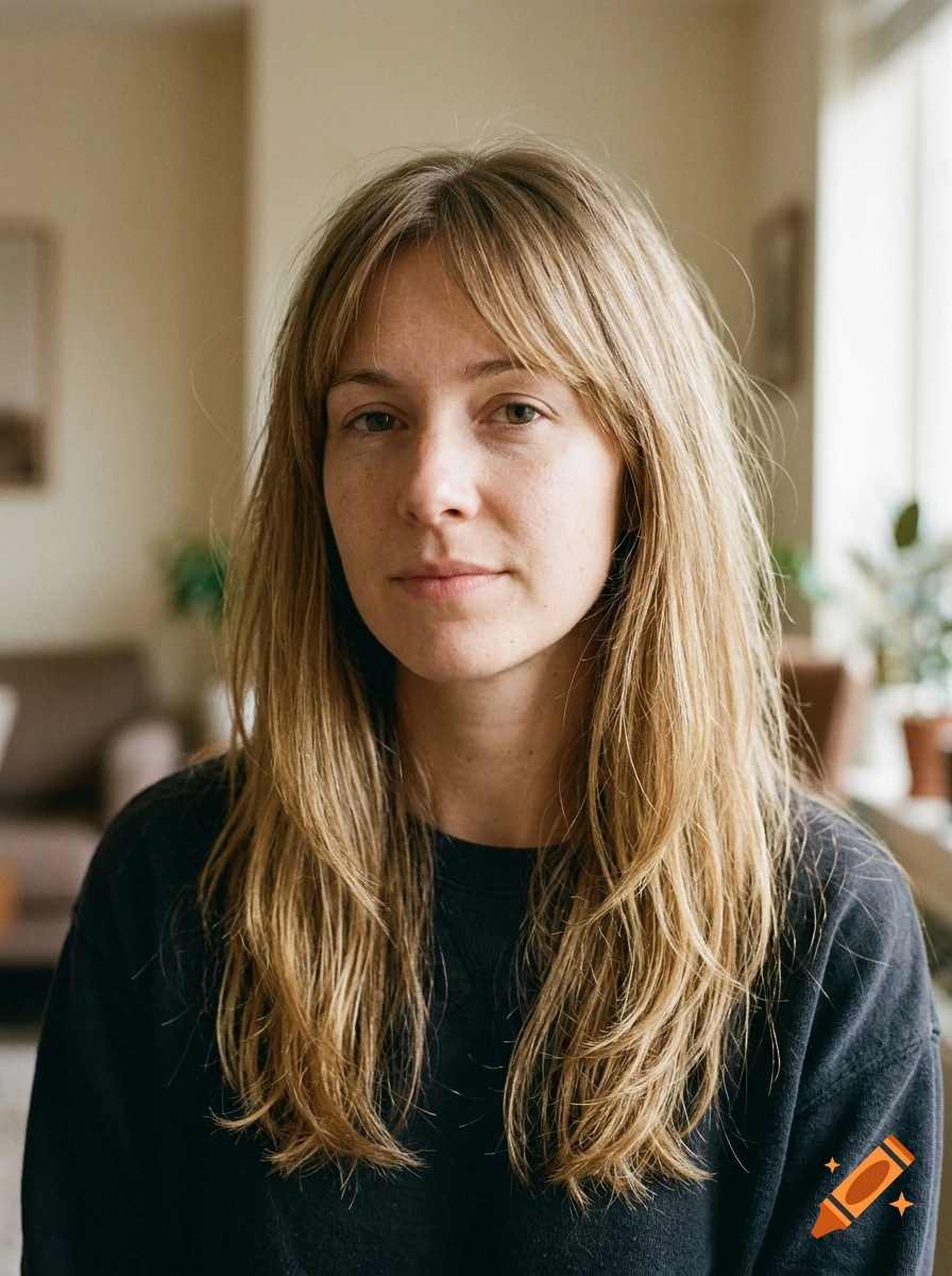 Photorealistic portrait of a young woman with dirty blonde hair and bangs, wearing a dark sweatshirt.