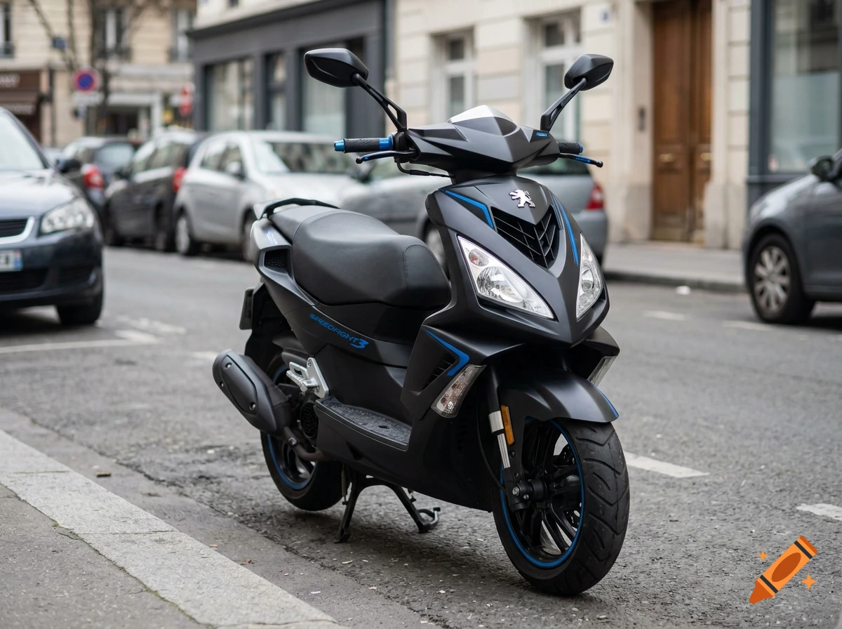 A black moped parked on a city street.