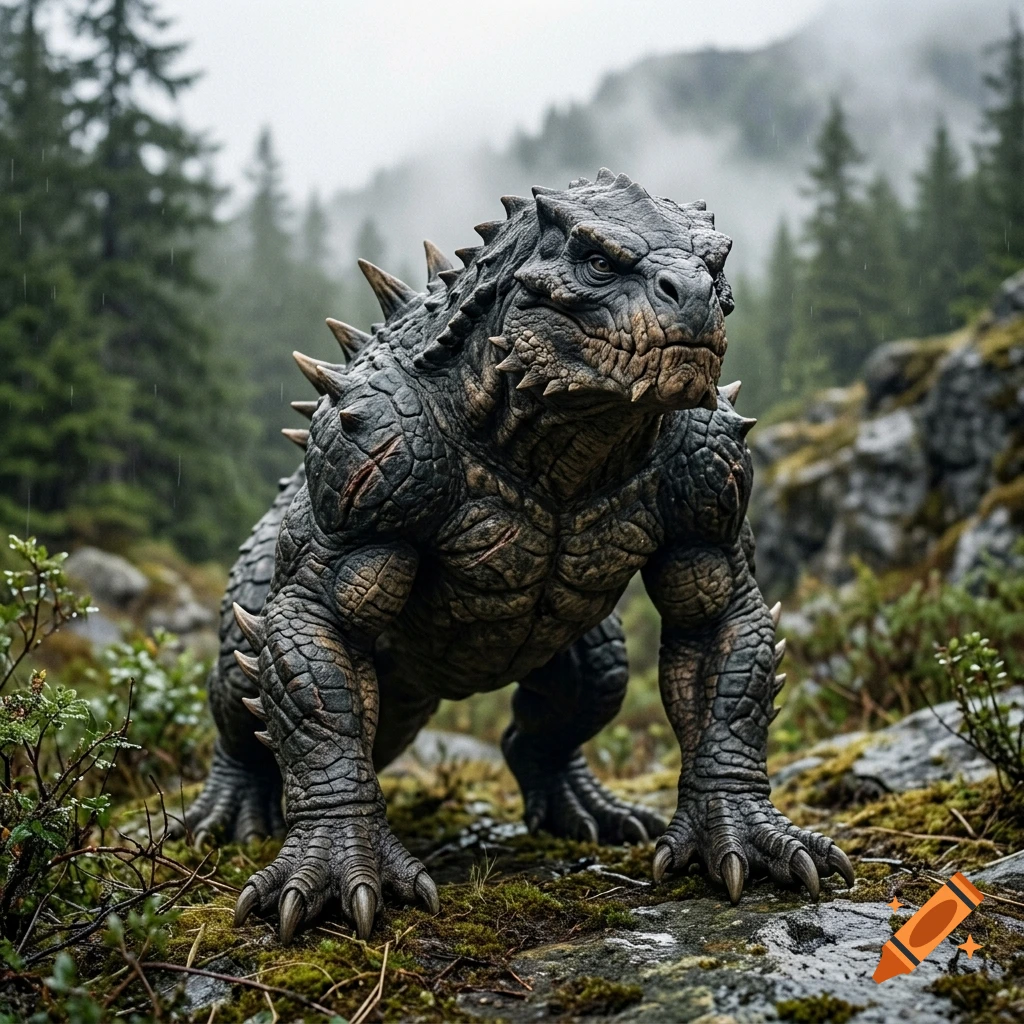 Photorealistic image of a large, dark-scaled reptilian monster with spikes standing on a mossy rock in a misty pine forest.