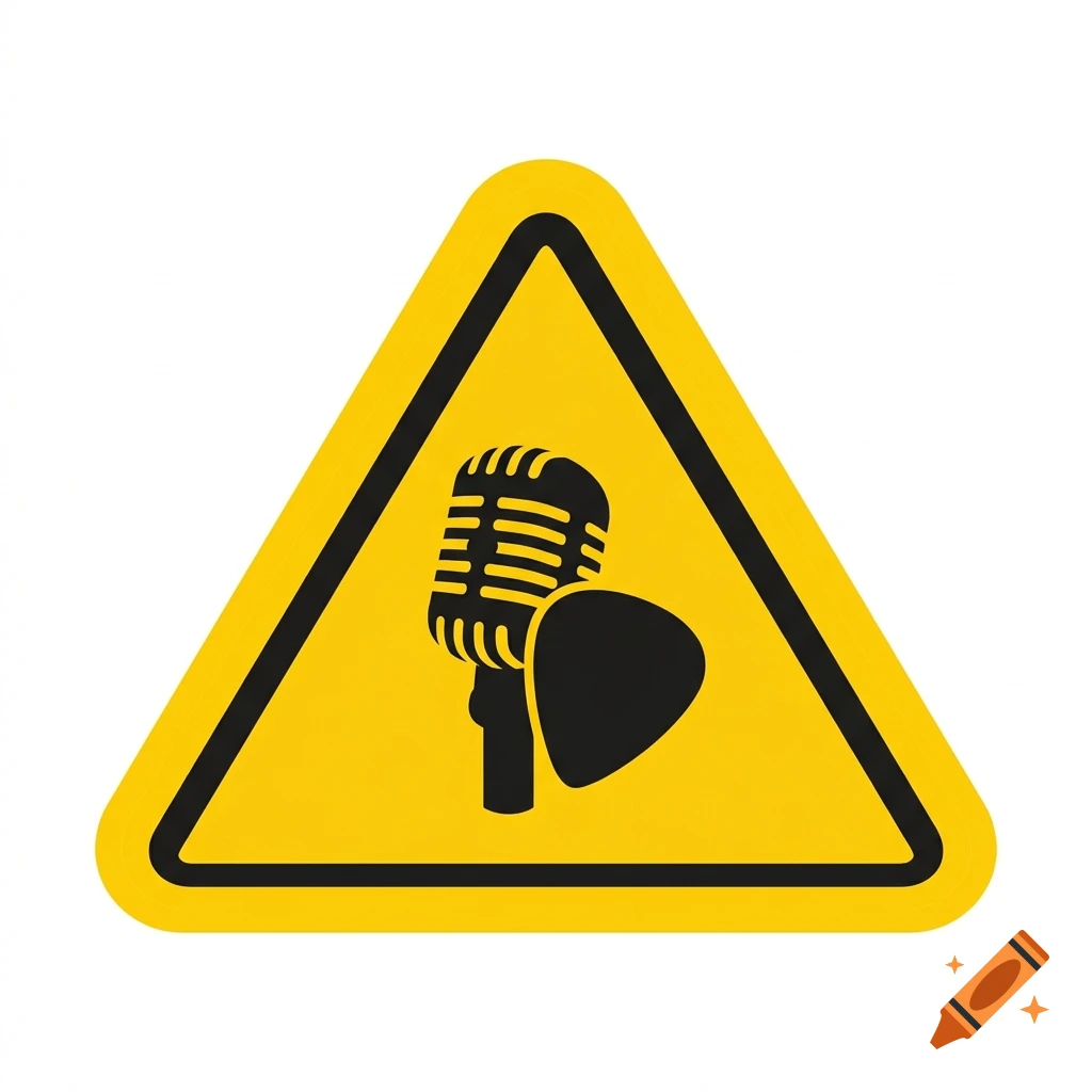 Flat vector graphic of a yellow hazard warning triangle with a black border containing a microphone and guitar pick silhouette.