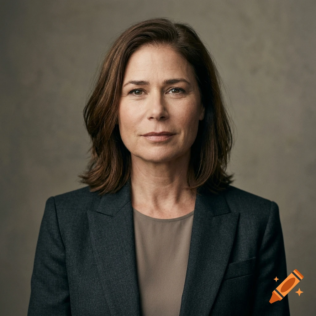 Photorealistic studio portrait of a middle-aged woman with shoulder-length brown hair wearing a dark blazer over a beige top.