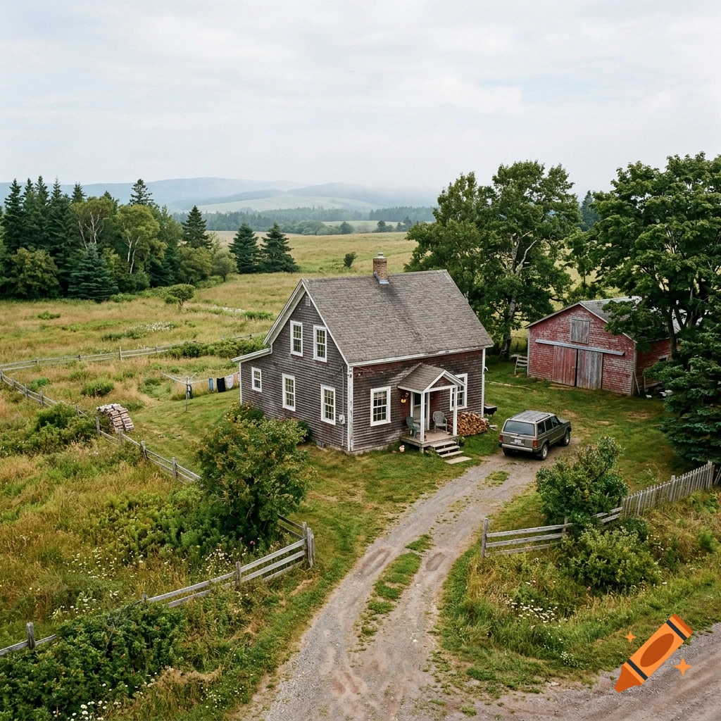 Aerial view of a weathered wooden house and red barn in a rural landscape with fields and trees under an overcast sky.
