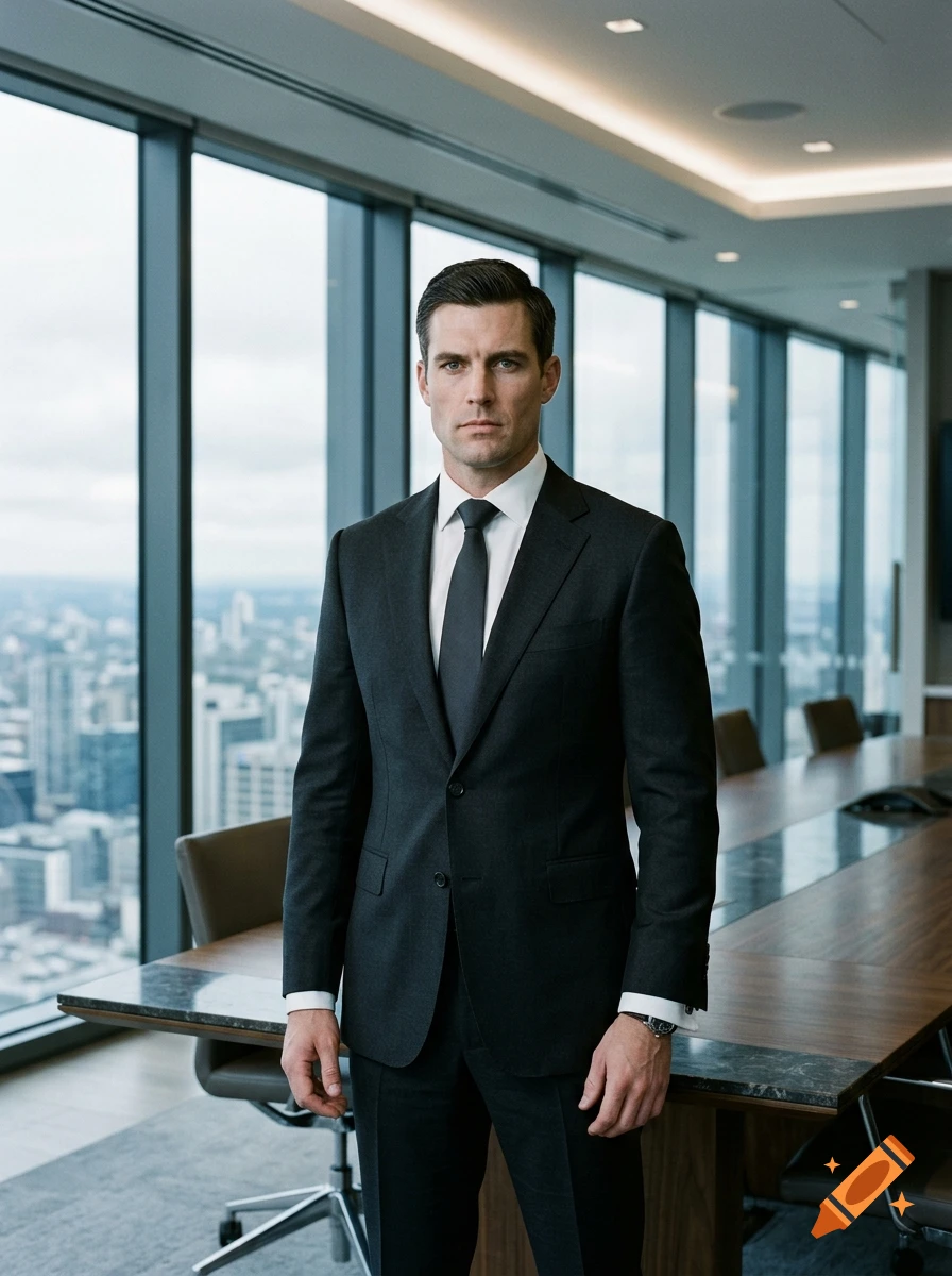 Photorealistic portrait of a man in a dark suit standing in a modern corporate office with floor-to-ceiling windows.