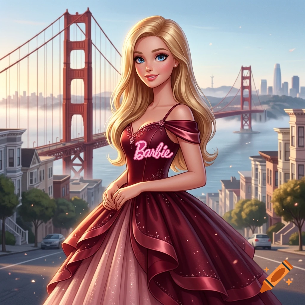An illustrated portrait of a blonde woman wearing a magenta ballgown with the name Barbie on it, standing in front of San Francisco's Golden Gate Bridge and city street.