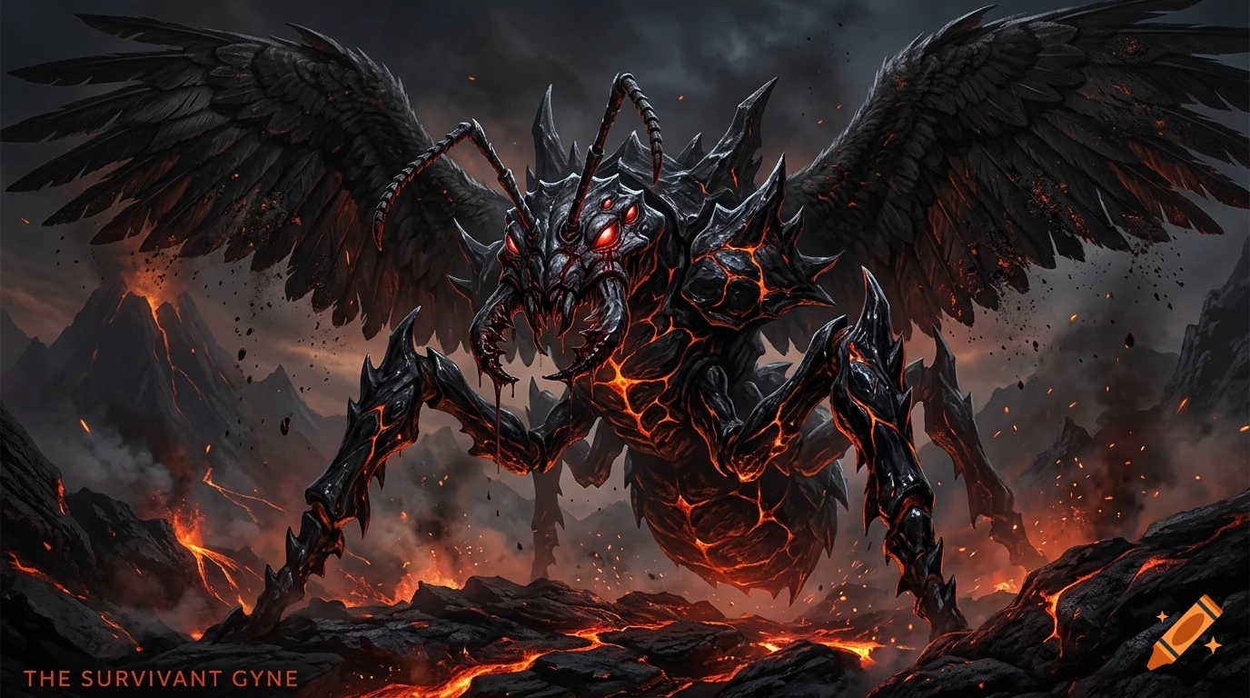 A terrifying mutant queen ant monster with obsidian rock body, glowing orange lava cracks, and black eagle wings in a volcanic landscape.