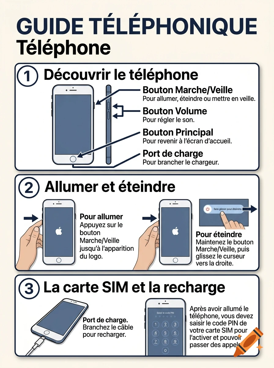 An instructional infographic guide in French detailing how to use an iPhone 8.