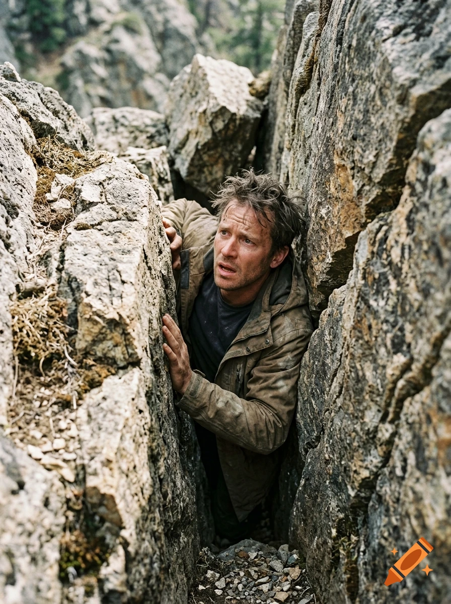 A photorealistic depiction of a panicked man trapped in a narrow crevice between rocky cliffs.