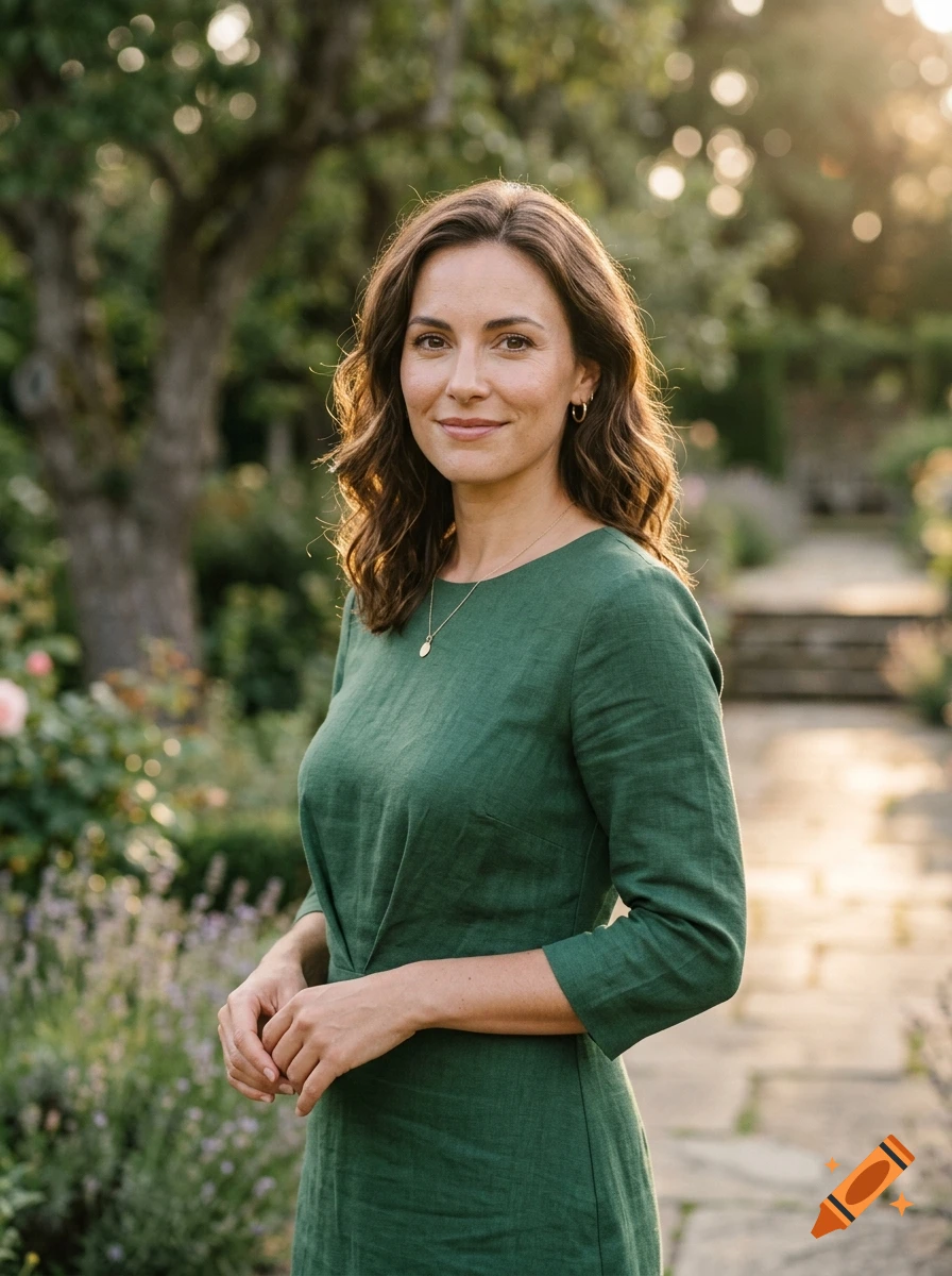 A woman with medium brown hair wearing a green dress stands outdoors in a garden.