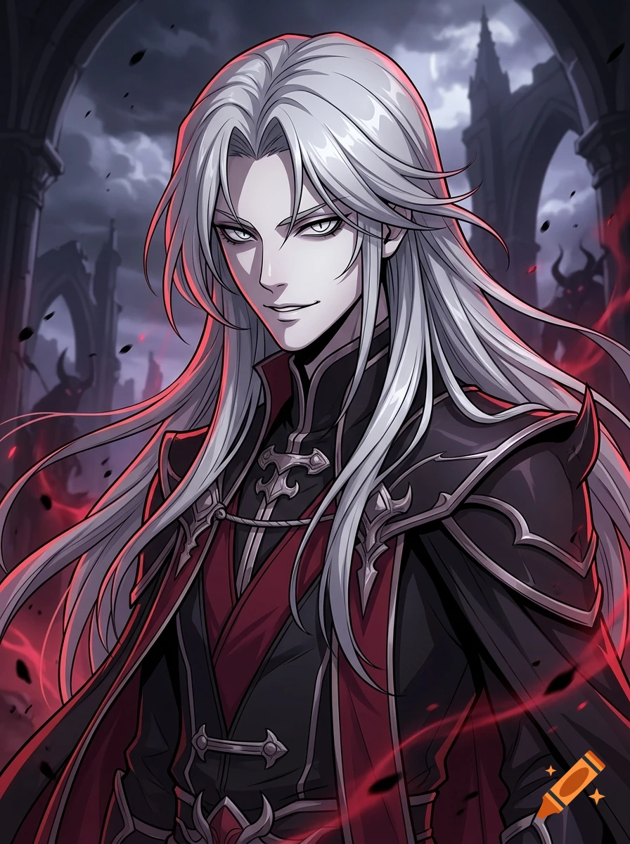 Anime style illustration of an androgynous male with long silver hair, pale skin, and sharp eyes, wearing dark fantasy armor.