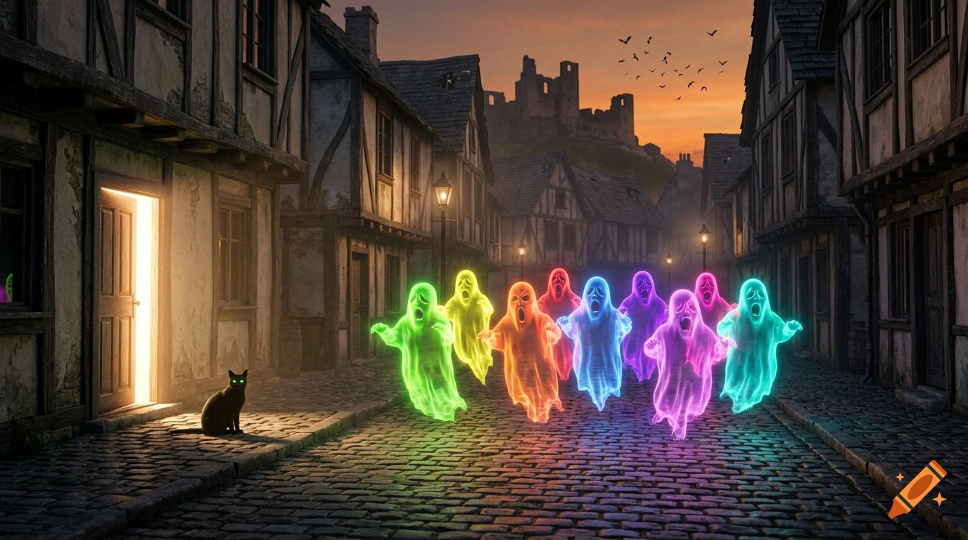 Neon glowing ghosts floating down a cobblestone street in a medieval town at sunset, with a black cat watching from a doorway.