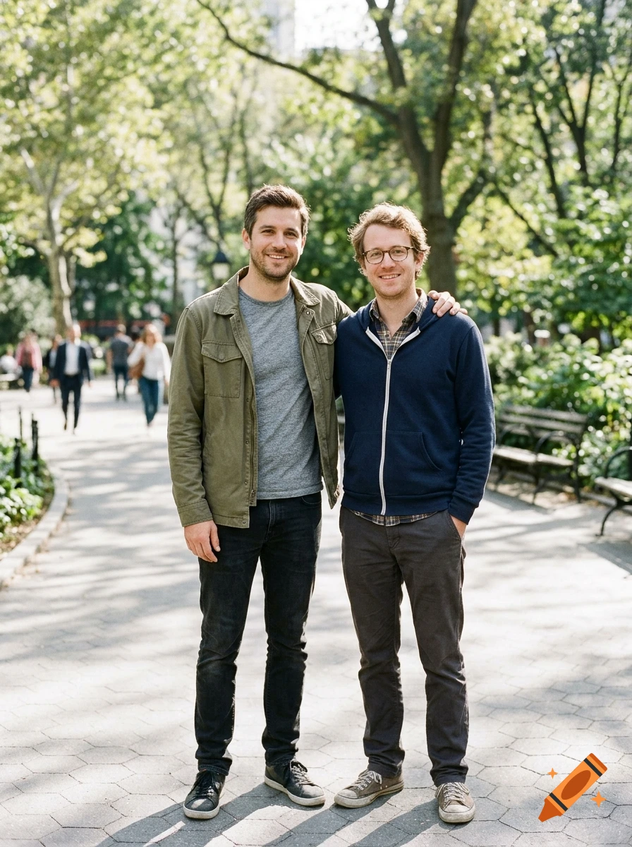 Two men posing together with an arm around each other on a paved pathway in a park.