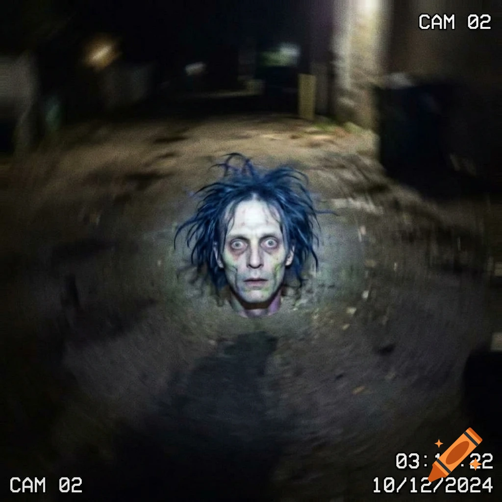 Bodycam footage showing a pale floating head with blue hair in a dark alley at night with security camera overlay.