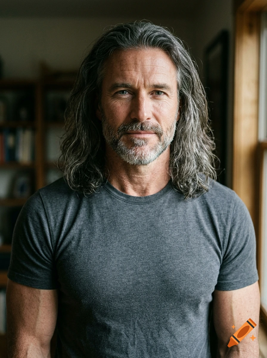 Photorealistic portrait of a middle-aged man in his 40s or 50s with long graying hair and a gray t-shirt.