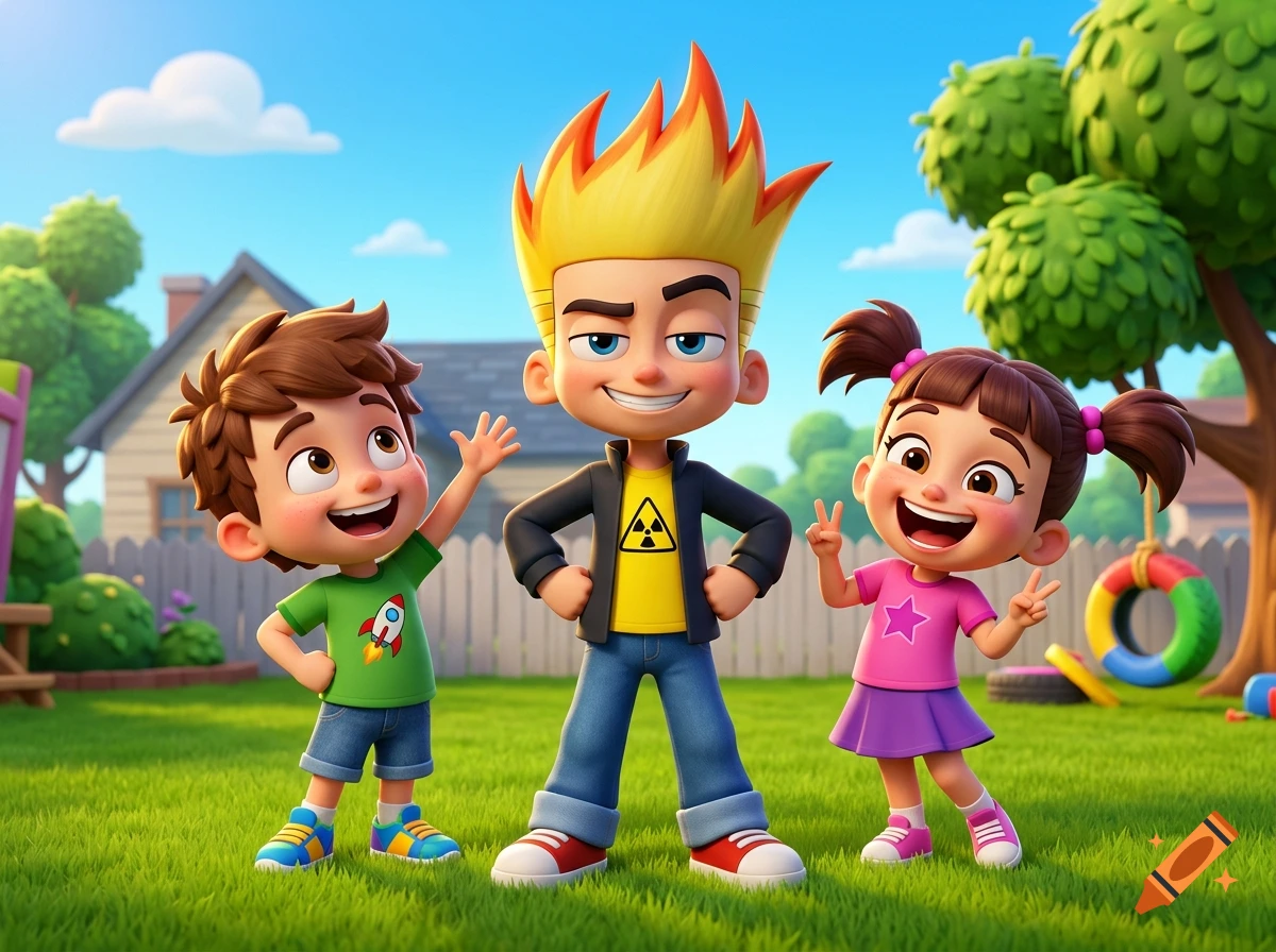 3D animated cartoon characters of Johnny Test with a boy and girl in a backyard with a house and trees in the background.