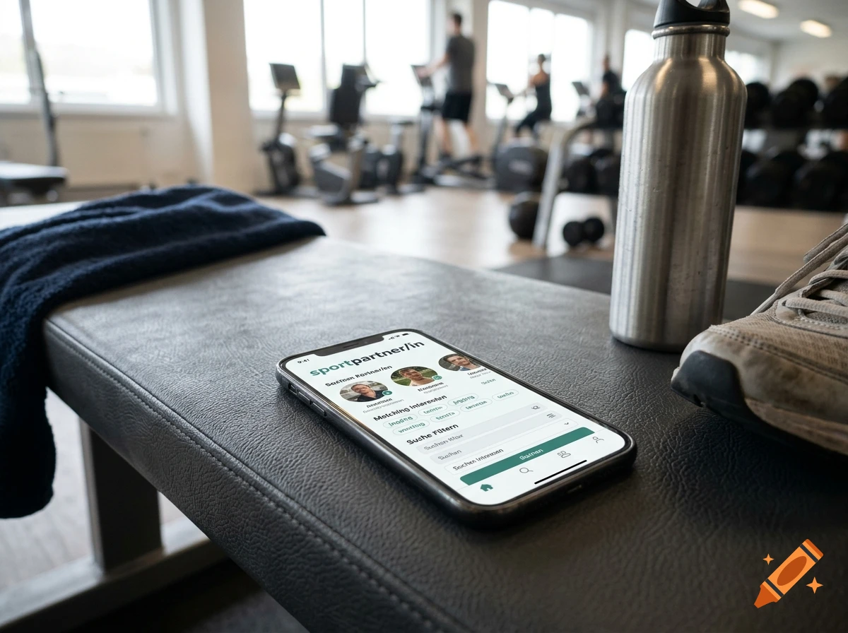 A smartphone displaying a fitness app resting on a gym bench next to a water bottle and sneaker.