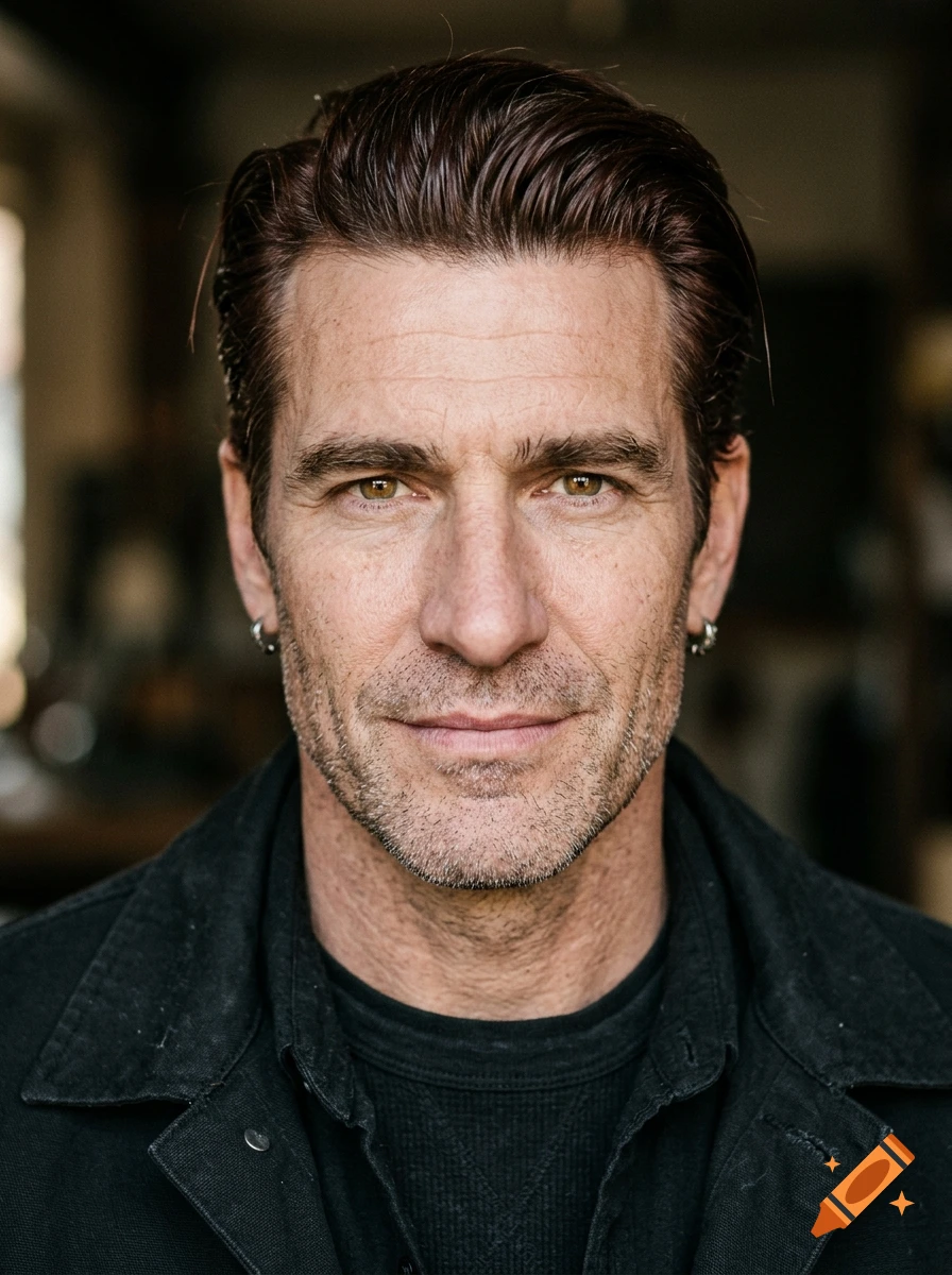 Close-up photorealistic portrait of a middle-aged man with dark red hair, piercing golden eyes, and small hoop earrings, wearing a black shirt.