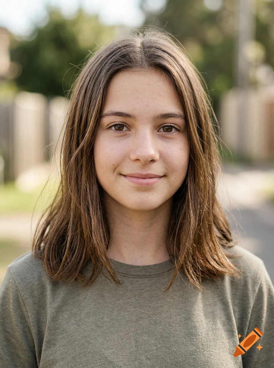 Close-up portrait of a smiling teen girl with brown hair and eyes, wearing a green t-shirt.