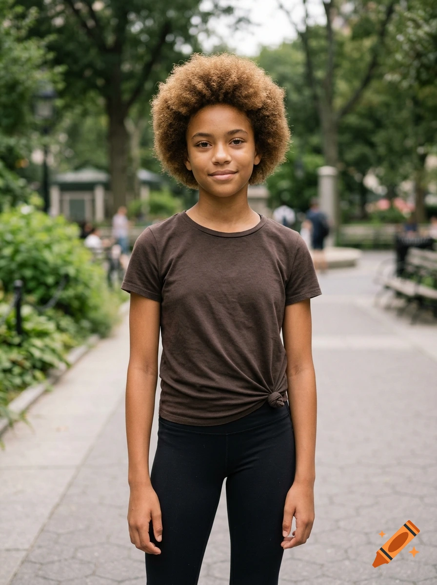 Photorealistic portrait of a young girl with an afro standing in a park.
