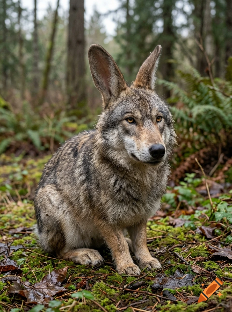 Photorealistic hybrid creature with the body of a rabbit and the head and ears of a wolf, sitting in a forest.