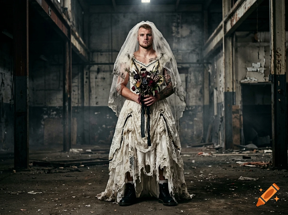 A man wearing a soiled wedding dress, veil, and holding a dark bouquet, standing inside a derelict industrial warehouse.