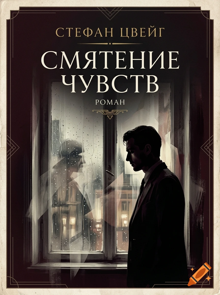A stylized book cover illustration showing a man in a suit standing by a rainy window at night.