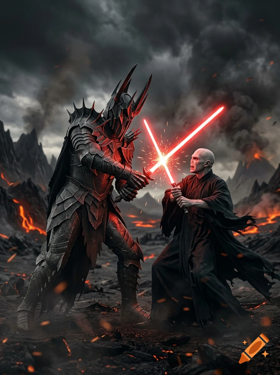 Sauron in heavy armor dueling Voldemort with red lightsabers in the volcanic landscape of Mordor, photorealistic style.