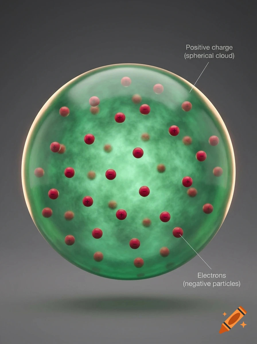 Scientific illustration of Thomson's plum-pudding atomic model showing a translucent green sphere with embedded red electrons.