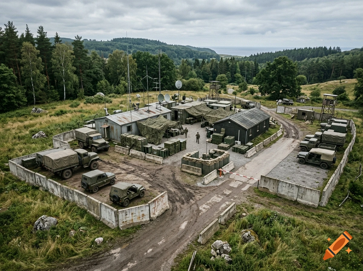 Aerial view of a military base camp with tents, vehicles, and radio towers nestled in a forest landscape.