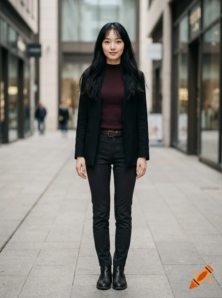Photorealistic full-body portrait of a young woman with long black hair, wearing a black blazer, dark turtleneck, and trousers, standing in an outdoor pedestrian walkway.