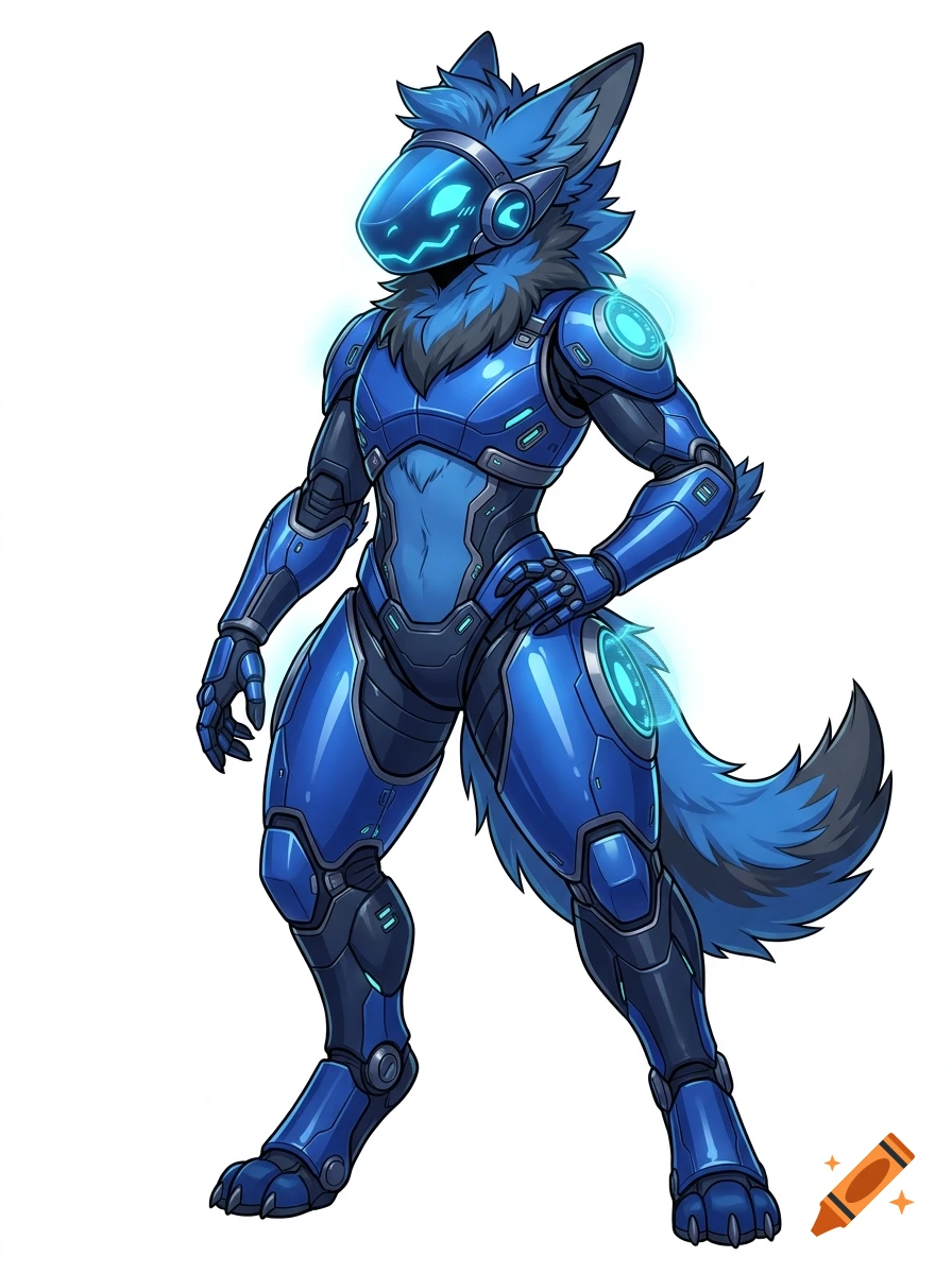 Digital illustration of a blue robotic Protogen character with glowing cyan visor and cybernetic armor, full body stance.