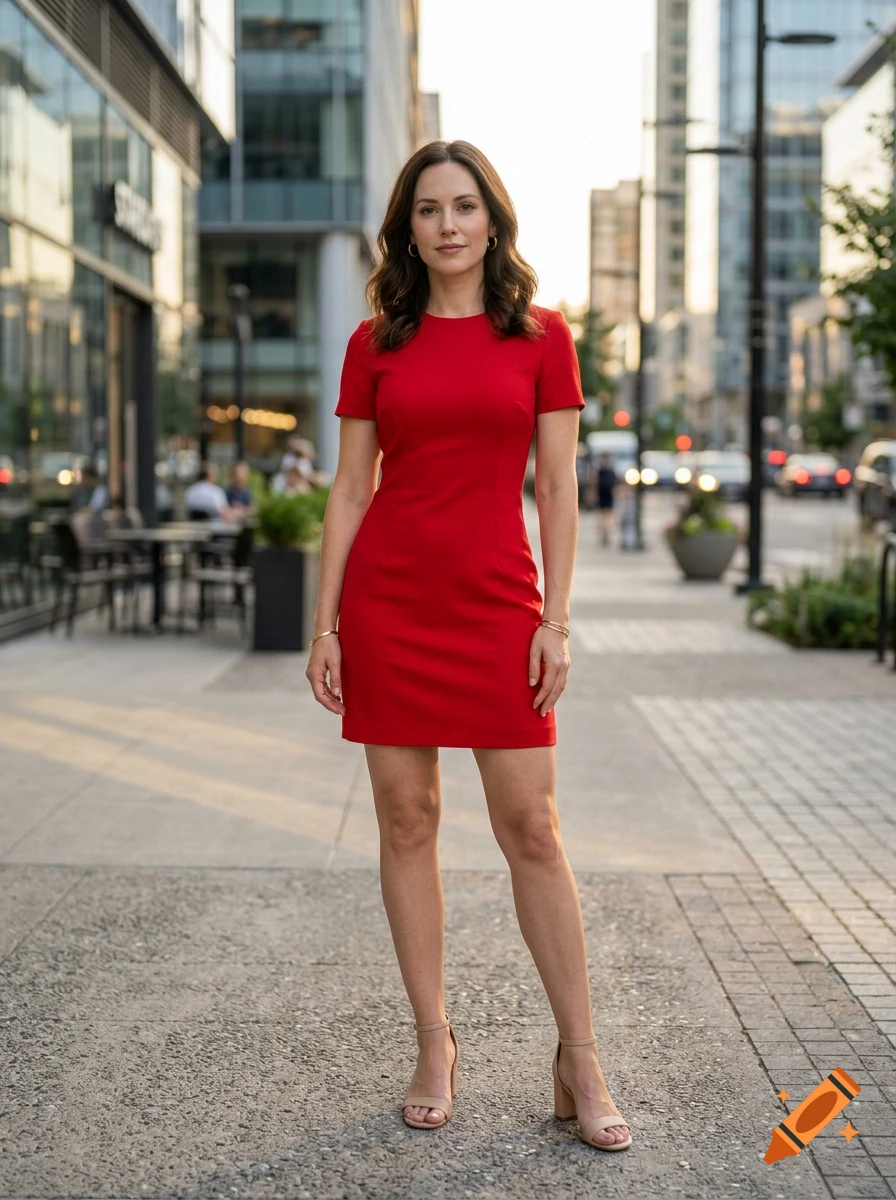 Photorealistic full-body shot of an attractive woman in a red minikleid standing on a city sidewalk.
