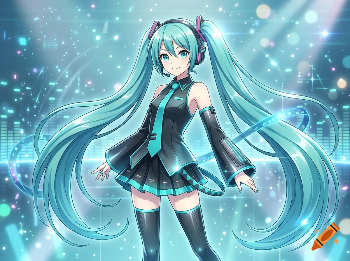 Anime illustration of Hatsune Miku with long teal twin tails and headphones in a vibrant concert setting.