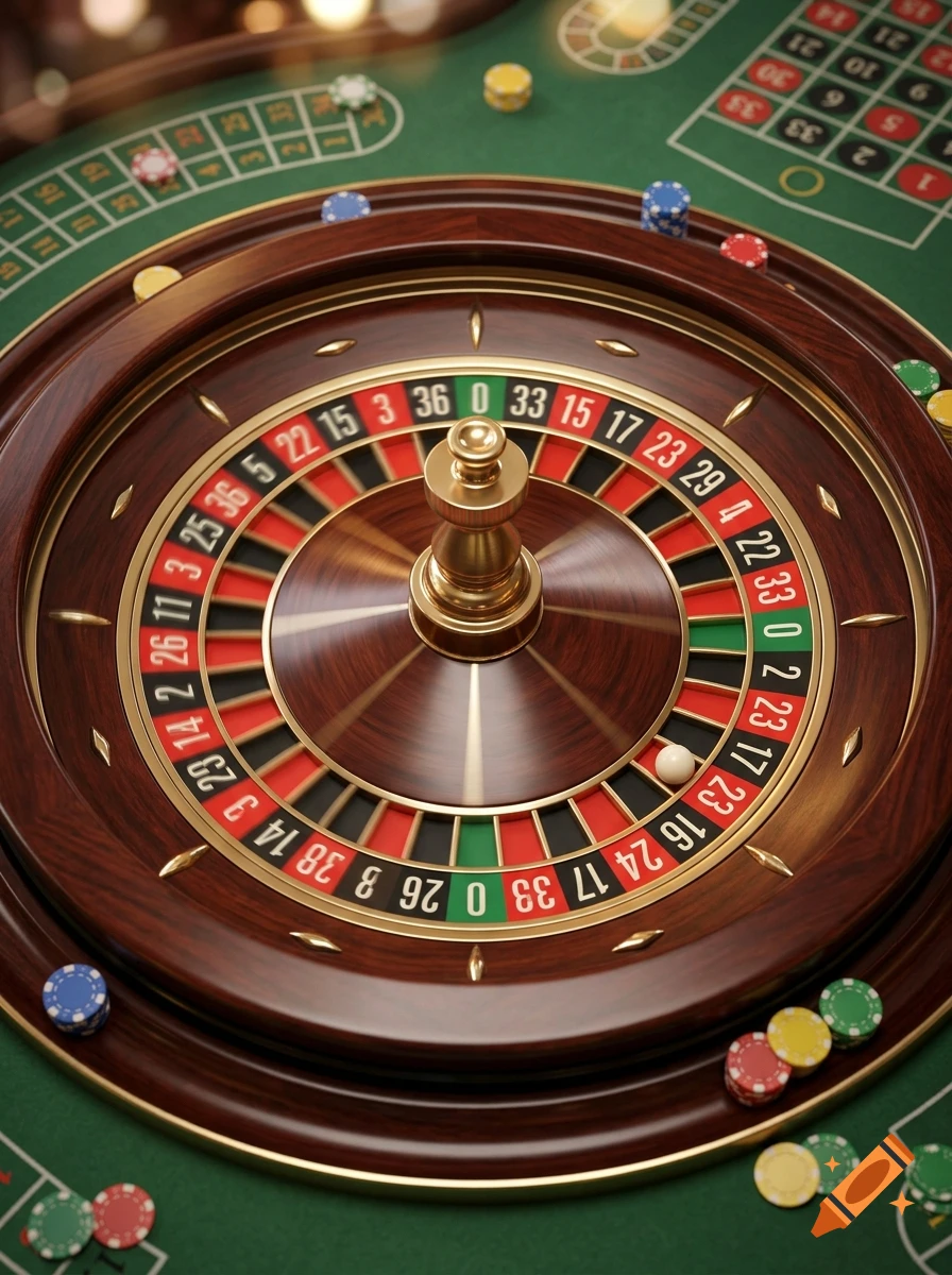 Close-up photorealistic shot of a roulette wheel on a green felt casino table with scattered chips.