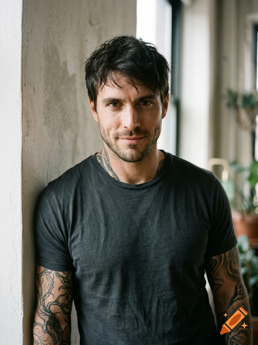 Photorealistic portrait of a man with dark hair, tattoos on his arms and neck, and a nose ring leaning against a wall.