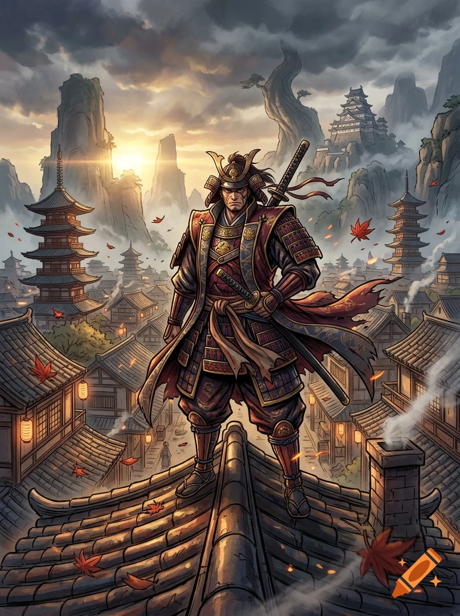 A samurai warrior in traditional armor stands atop a tiled rooftop overlooking a Japanese village with pagodas, mountains, and a sunset sky.